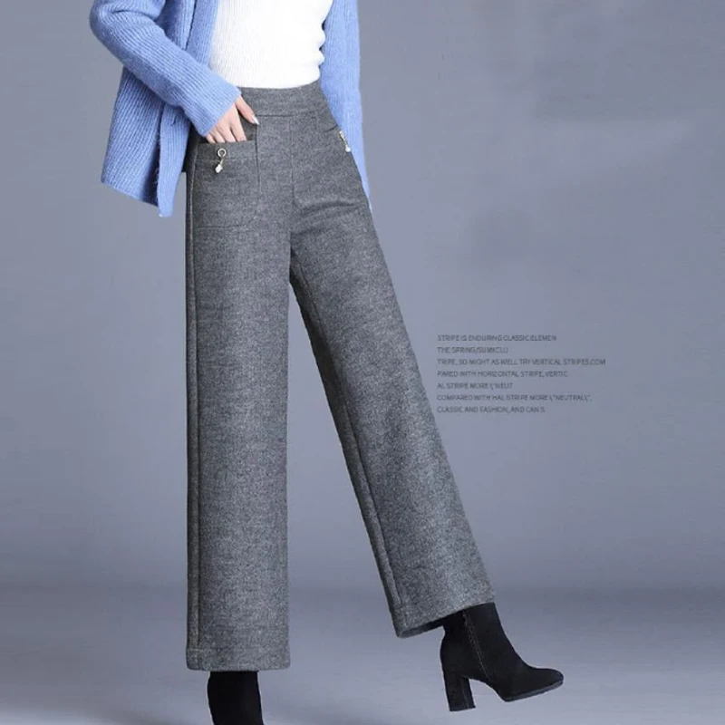 Fall Winter Female Korean Elegant Thick Woolen Cloth Straight Wide Leg Trousers Women Casual High Waist Loose Ankle Length Pants