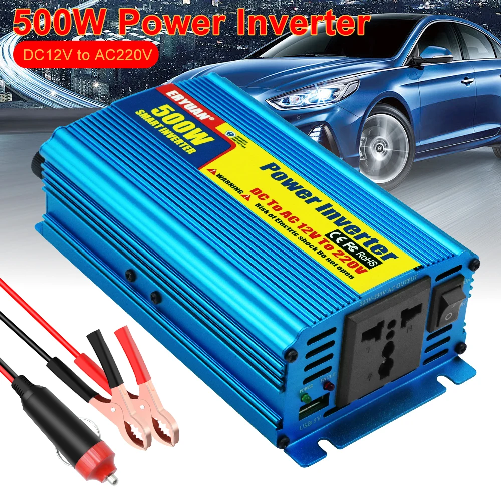 Auto Power Supply Inverter DC 12V To AC 220V Battery Converter 500W Car Power Inverter Multifunctional For SUV RV Truck Trailer