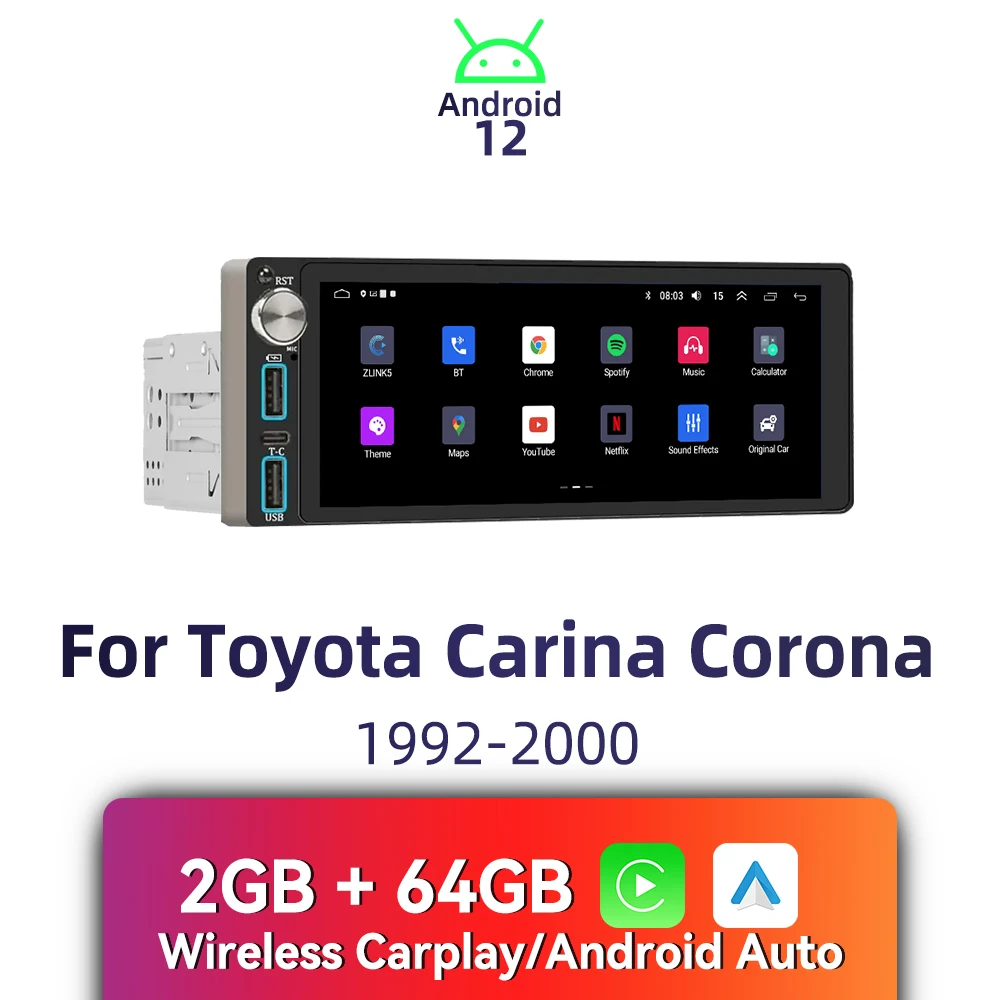 Carplay Autoradio 6,86 "pantalla 1Din Radio Android Multimedia para coche para Toyota Carina Corona 1992-2000 unidad principal estéreo GPS BT