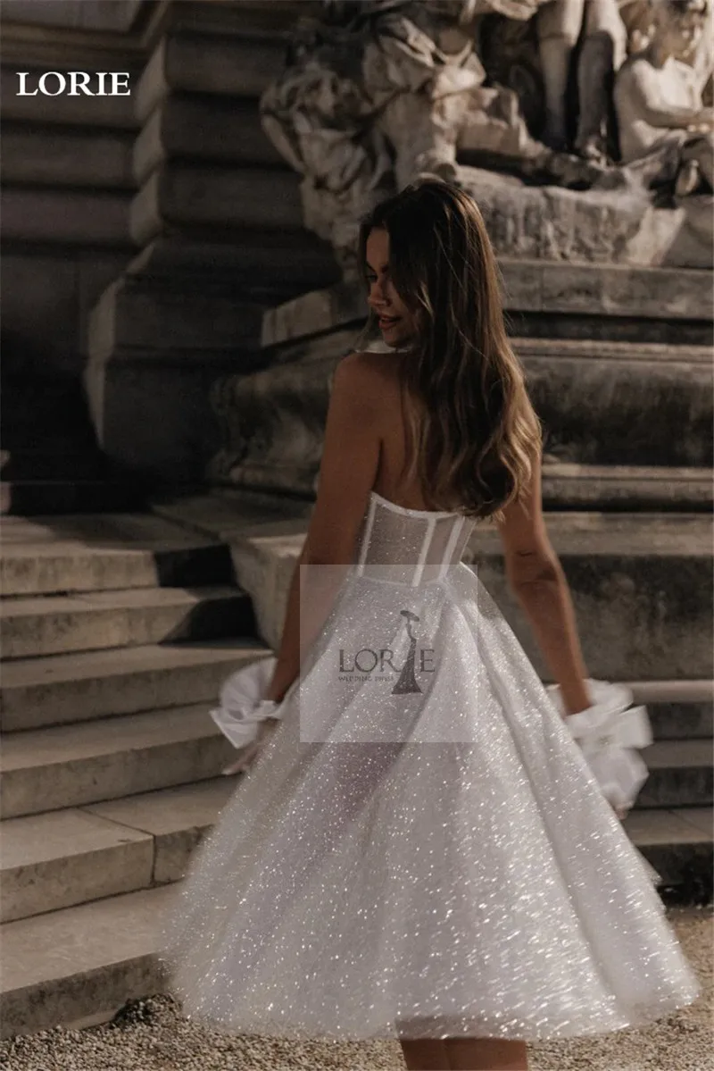 LORIE-vestido de novia de tul con purpurina, corte en A, escote en forma de corazón, vestidos de graduación a media pantorrilla, vestido de fiesta Formal de novia sin tirantes personalizado