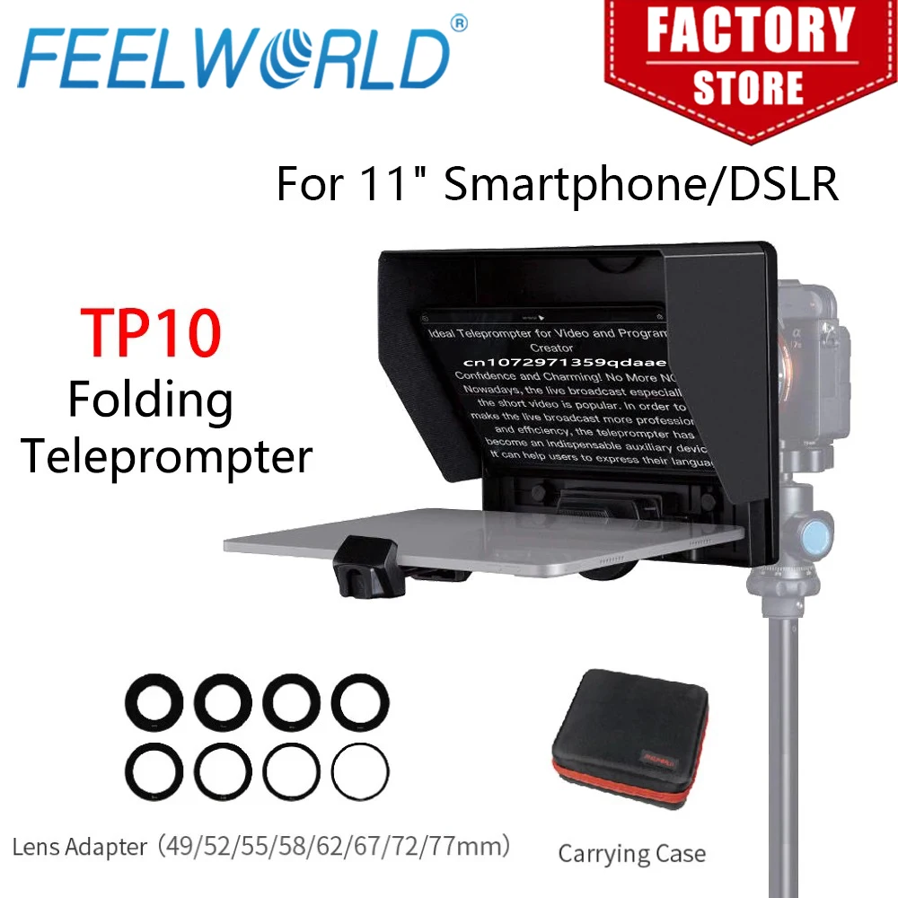 FEELWORLD TP10 Folding Teleprompter Portable 10-Inch Smartphone/DSLR Camera Shooting with Bluetooth Control & Lens Adapter