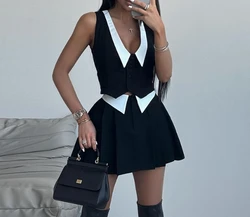 Two Piece Set Women Outfit 2024 Summer Fashion Peter Pan Collar Sleeveless Top & High Waist Casual Pleated Mini Skirt Set