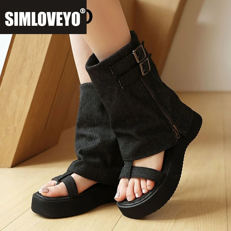 

SIMLOVEYO 2025 повседневные женские сандалии с застежкой на носок, толстый каблук 4,5 см, платформа, молния, пряжка ремня, большие размеры 44 45, модная повседневная обувь