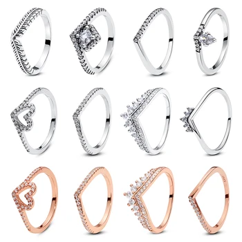Original 925 เงินสเตอร์ลิงแหวนผู้หญิง Love Heart Crown Wishbone งานแต่งงานแหวน Rose Gold เครื่องประดับของขวัญ