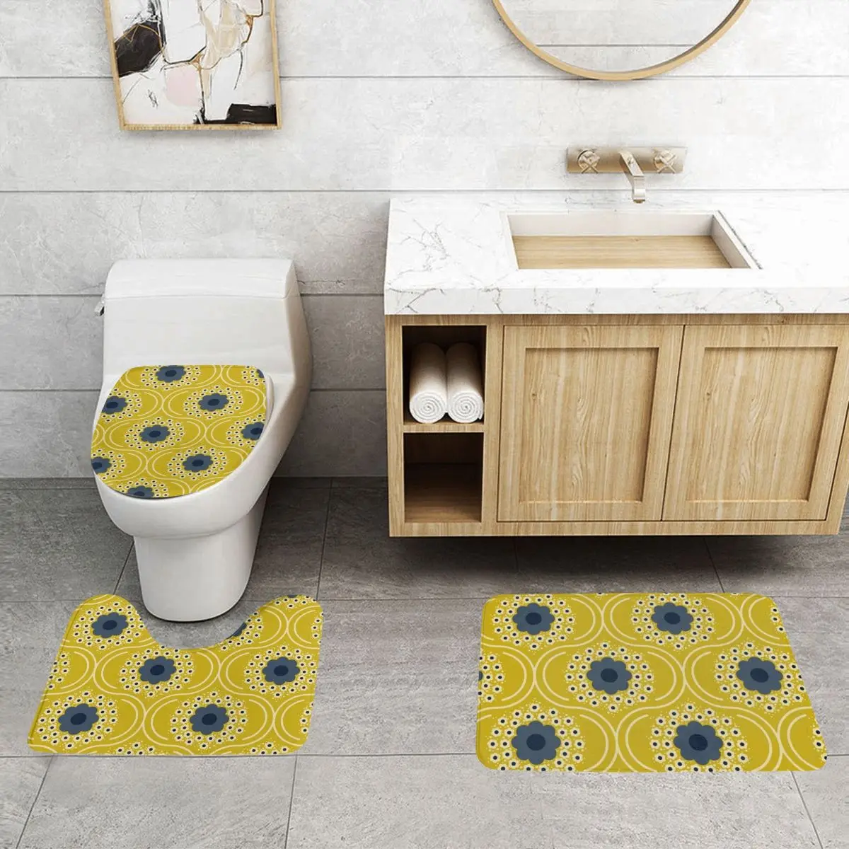 Custom Orla Kiely Bubble Flowers 3 Piece Bathroom Rugs Scandinavian Non-Slip Absorbent Toilet Bath Mat Set