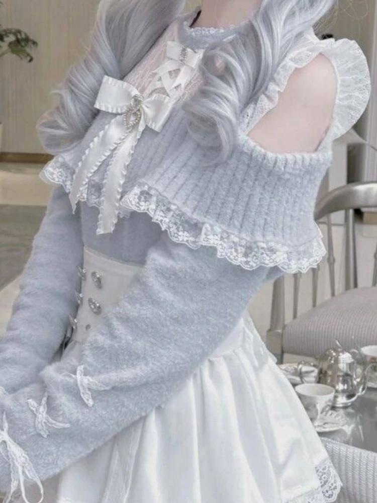 الشتاء اليابانية الحلو متماسكة 2 قطعة مجموعة المرأة القوس تصميم سترة + الدانتيل تنورة الرجعية الإناث شيك Kawaii موضة الجنية الملابس 2025 #4