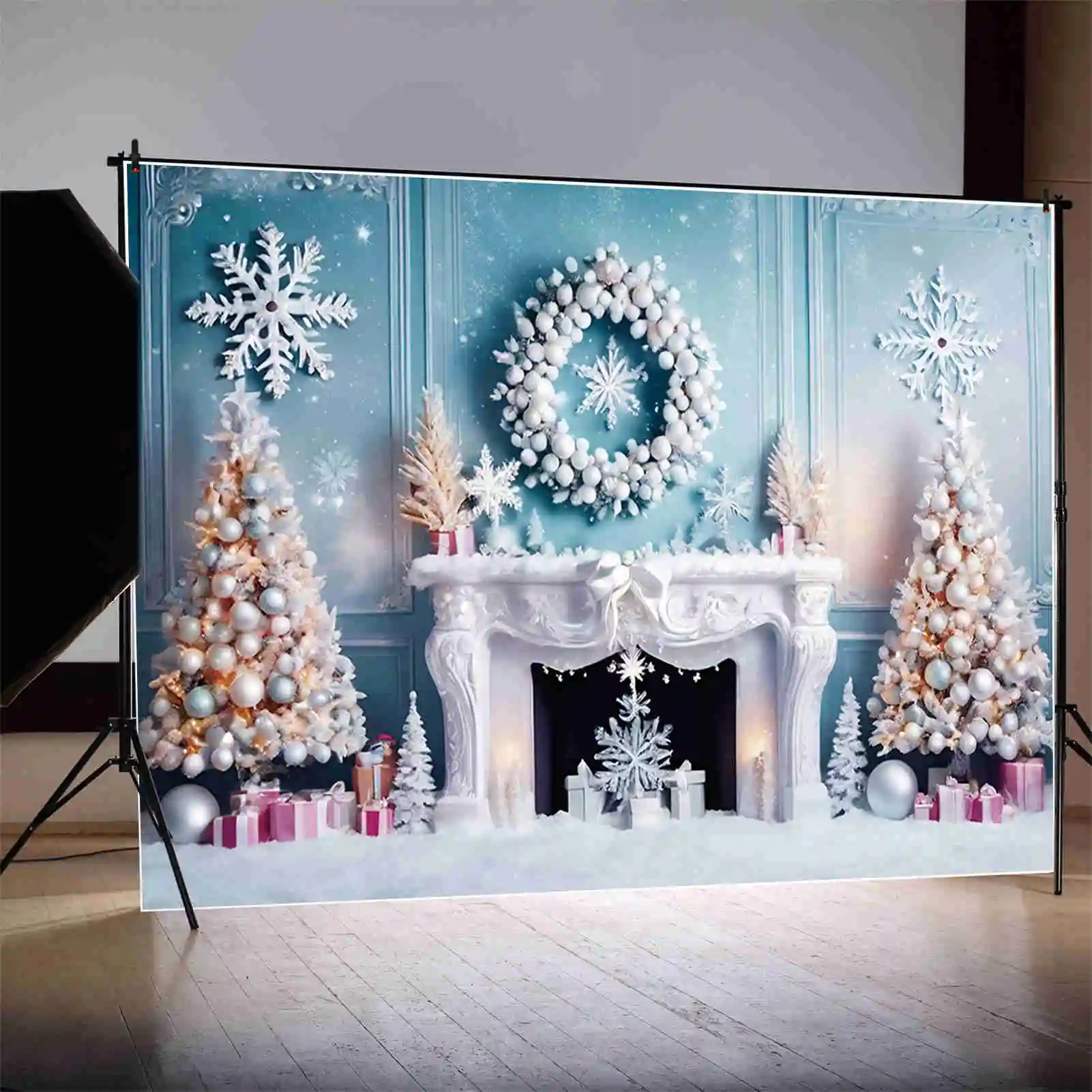 MOON.QG 화이트 크리스마스 트리 배경, 실내 겨울 눈 벽난로, 거실 배경, 파티 장식, 사진 소품