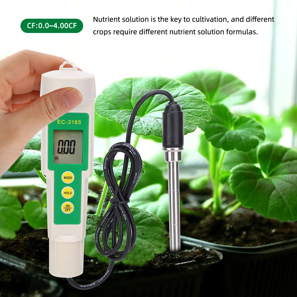 EC-3185 Waterproof EC/TDS/CF Soil Tester 3 in 1 Conductivity Meter with High Accuracy Metal Probe for Greenhouse Gardening Farm