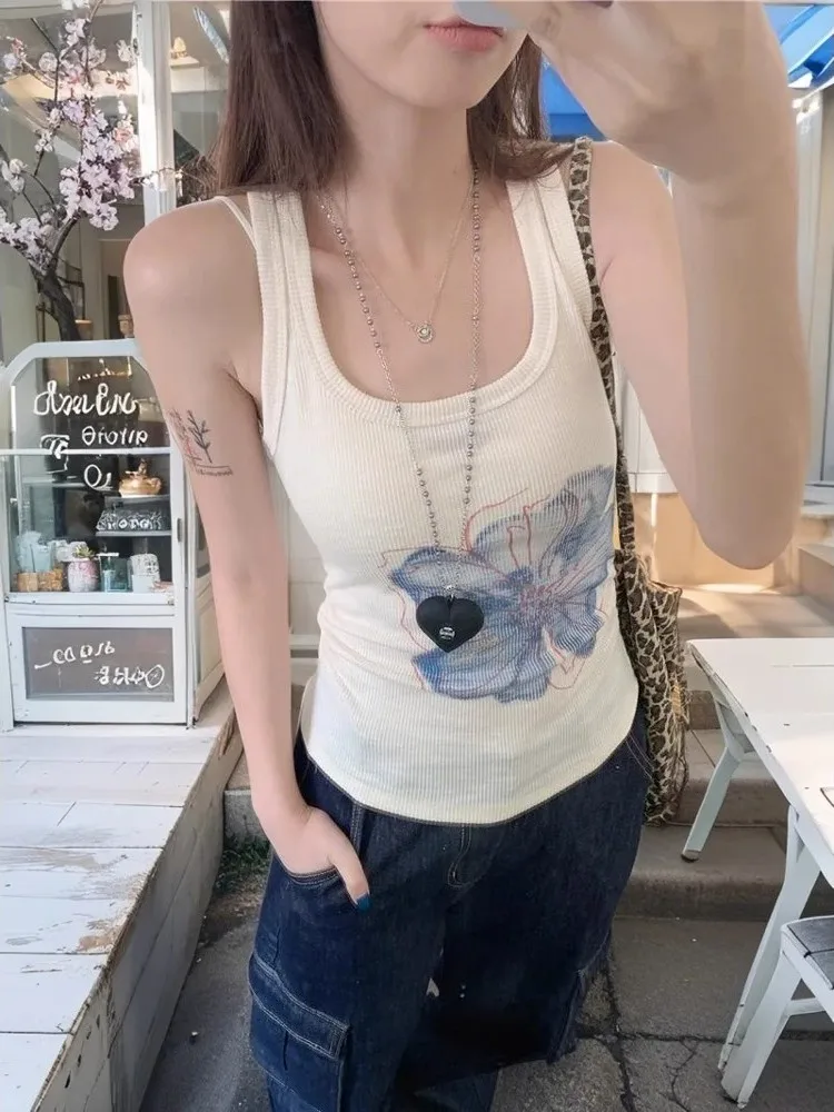 American Style Unique Slim Fit Modal Floral Print Camisole Top Women Summer Chic Atmosphere Feeling Short Length Sleeveless Vest