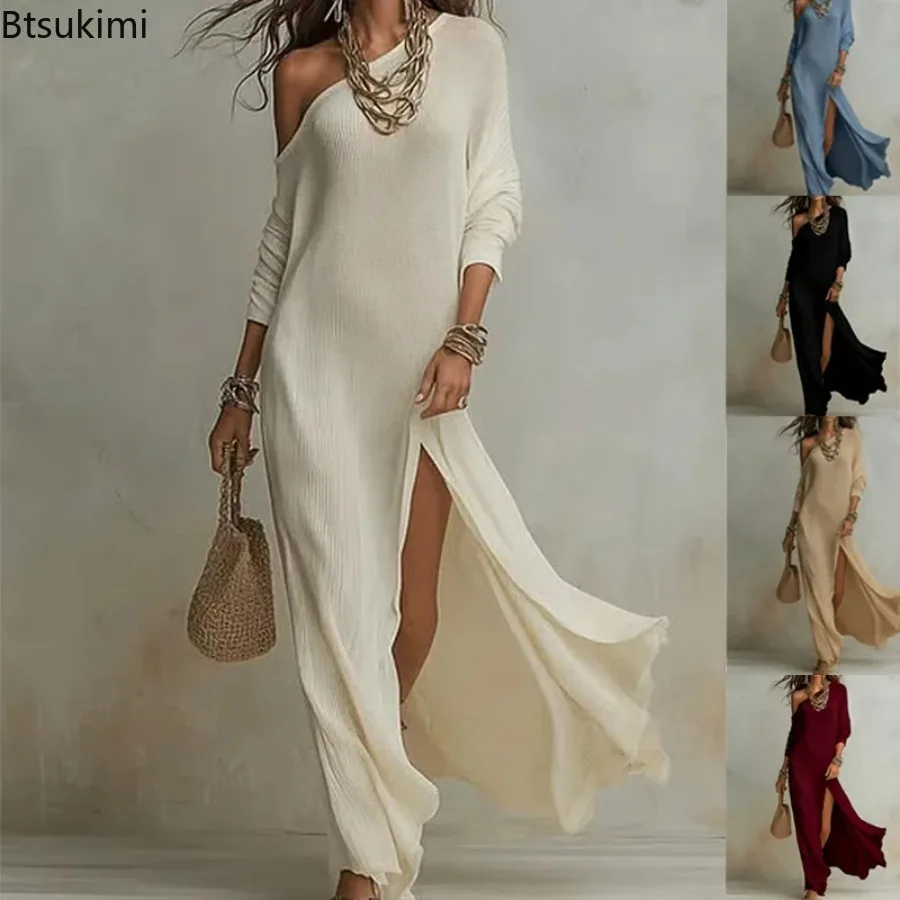 Sexy schulterfreies langes Kleid 2026 – Modisches, elegantes, gestricktes, plissiertes, locker sitzendes Maxikleid mit Schlitz für Frühling/Sommer – Einfarbiges Damenkleid