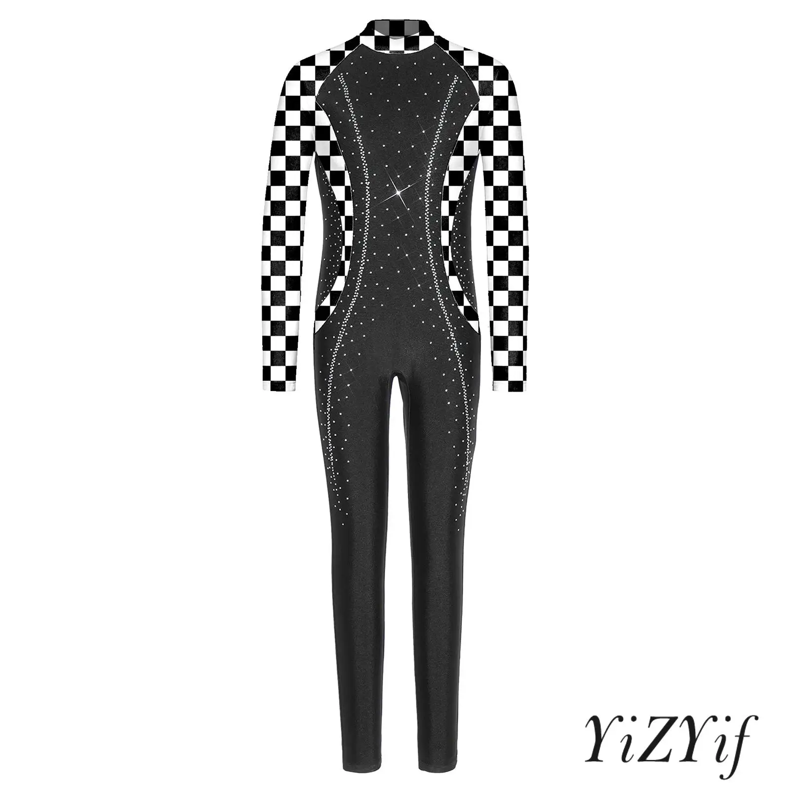 

Kids Girls Printed Dance Jumpsuit Gymnastics Figure Skating Performance Mock Neck Back Invisible Zipper Shiny Rhinestone Leotard