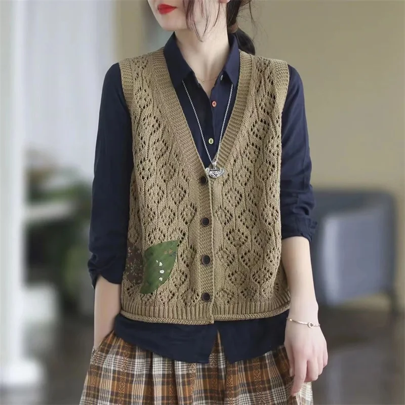 Women's Vintage Patch Hollow Knitted Sweater Vest V Neck Sleeveless All Match Waistcoat Y2K Solid Loose Single Breasted Cardigan