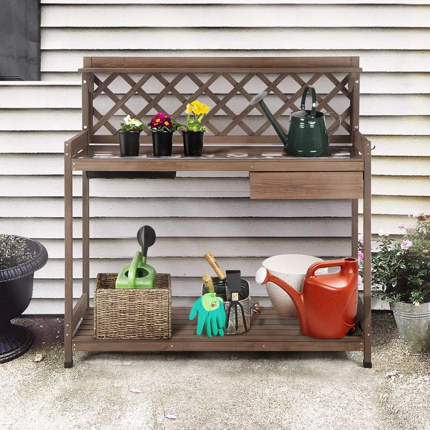 مقعد بوتينج مع طبقة PVC، حوض، غطاء، مقعد عمل البستنة، طاولة زراعة خشبية في الهواء الطلق مع مساحة تخزين، درج، رف، خطاف