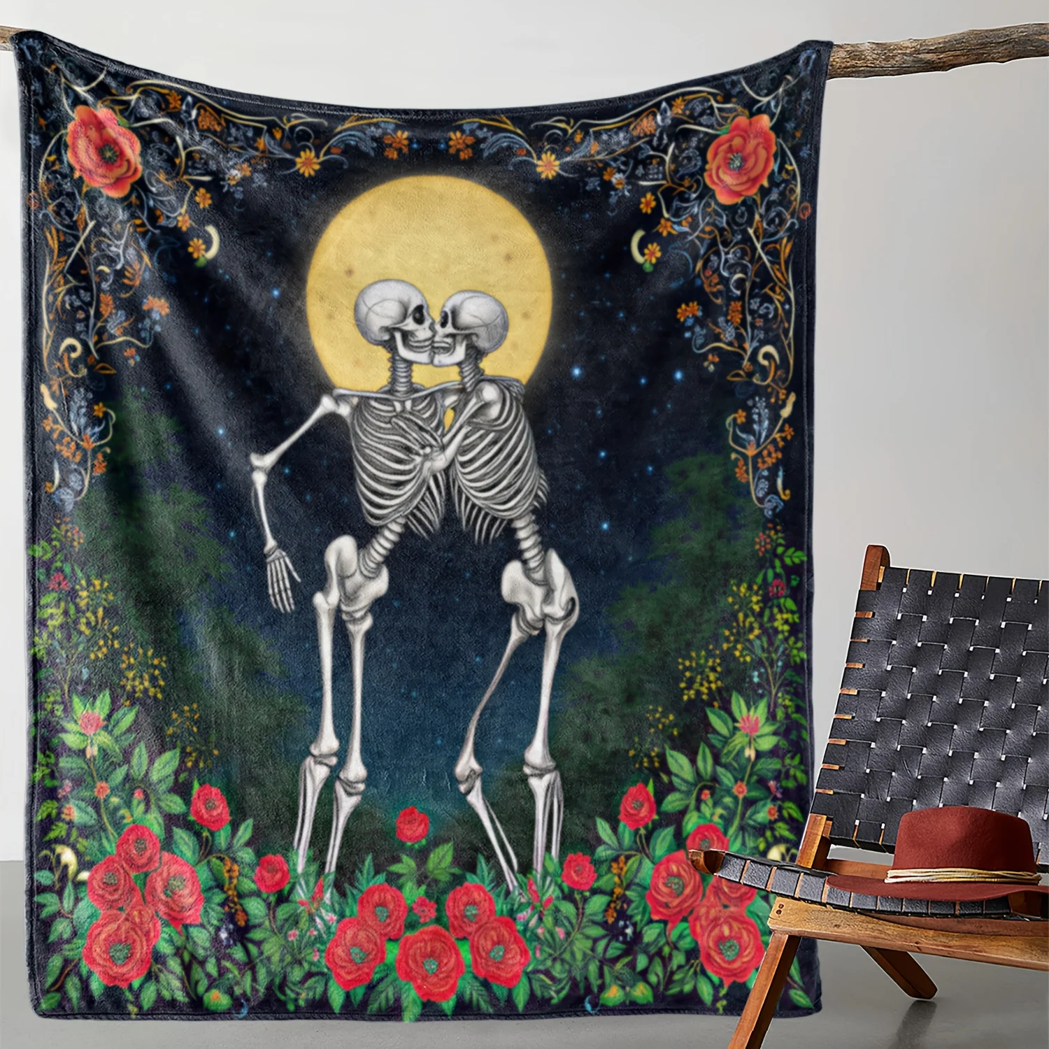 1pc Flannel Blanket: Romantic Moonlit Skull Couple 2D Print, Warm & Soft Throw for Sofa, Bed, Car, Office, Camping, and Travel –
