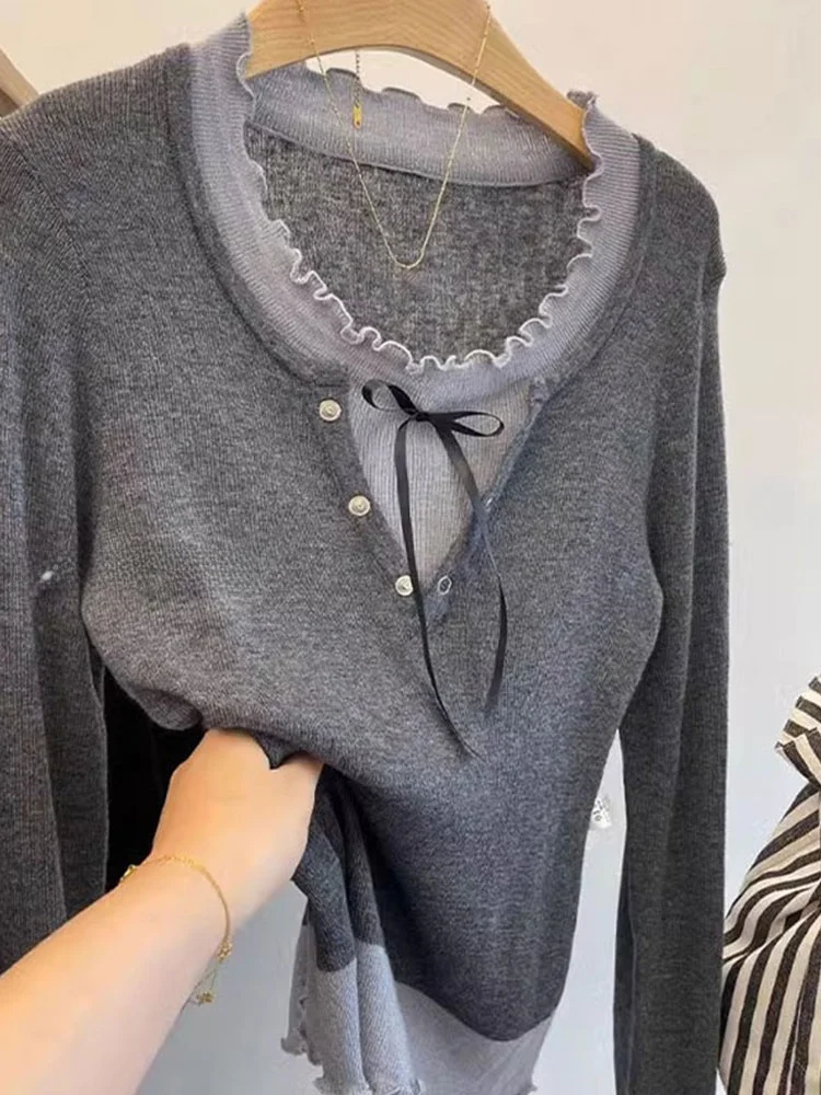 

Удобный корейский вязаный топ Sle Long Sve с толстовкой Wood ain Early Autumn Faion Base irt простого дизайна