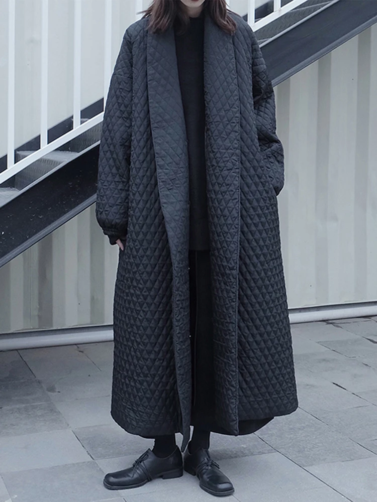 

Quilted Plaid Black Diamond Checkered Long Cotton Jacket Women's Winter Loose Oversized Cardigan Long Coats with Large Size