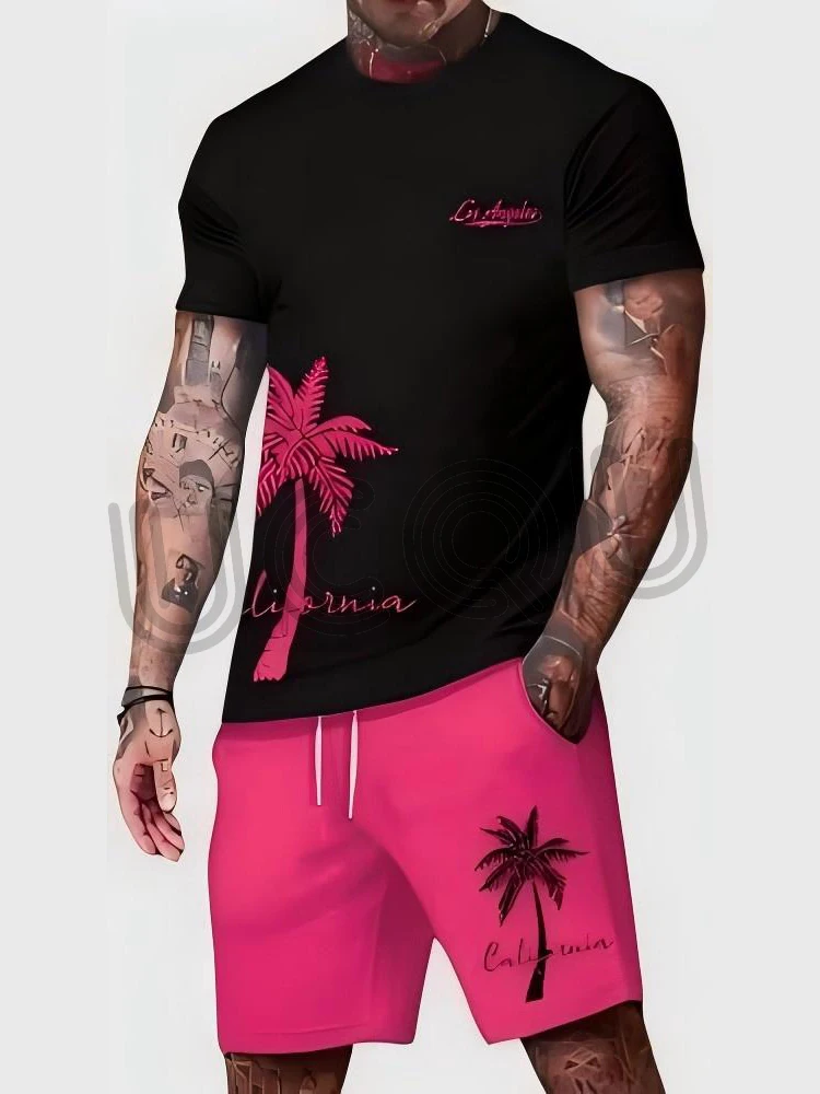 

Summer New Men's Tracksuit Sets Coconut Tree Print Short Sleeve Tshirts And Shorts Outfits Beach Jogging Clothing Man Sportswear