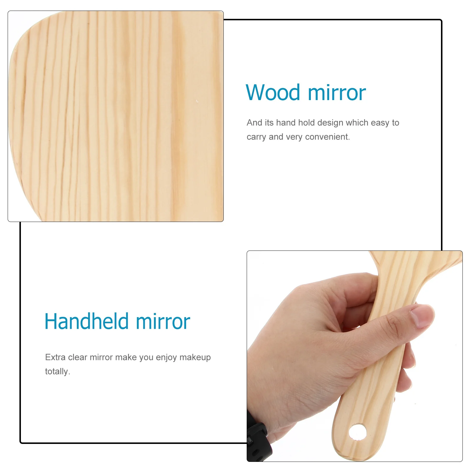 

1pc Handheld Makeup Premium Wood Handle Clear Glass Mirror For Women Girls Wall Mountable Bathroom Vanity Mirror