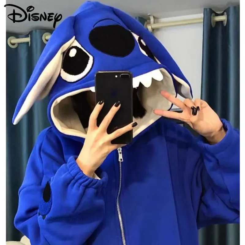 Disney Stitch Cartoon Women Jackets Zip-up Sweatshirt Cotton Oversize Y2k Plush Thick Autumn Winter Hooded Hoodies Coat Clothes