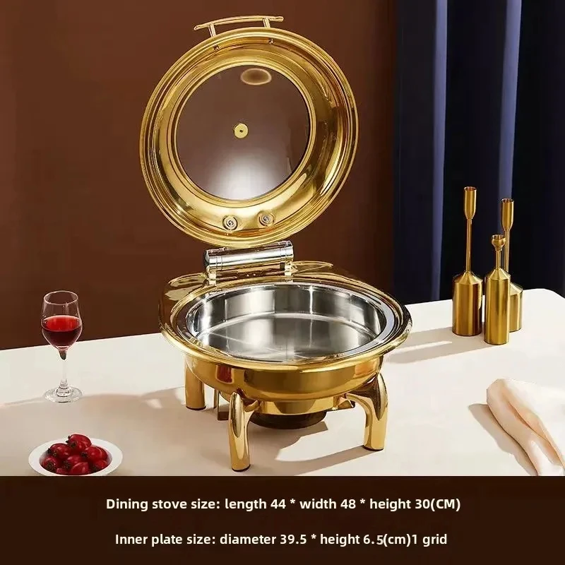 Banquet Wedding Vegetables Stainless Steel Buffet Stove Bell Dome Soup Food Heater Set 6L Round Party Hotel Golden Hot Pot