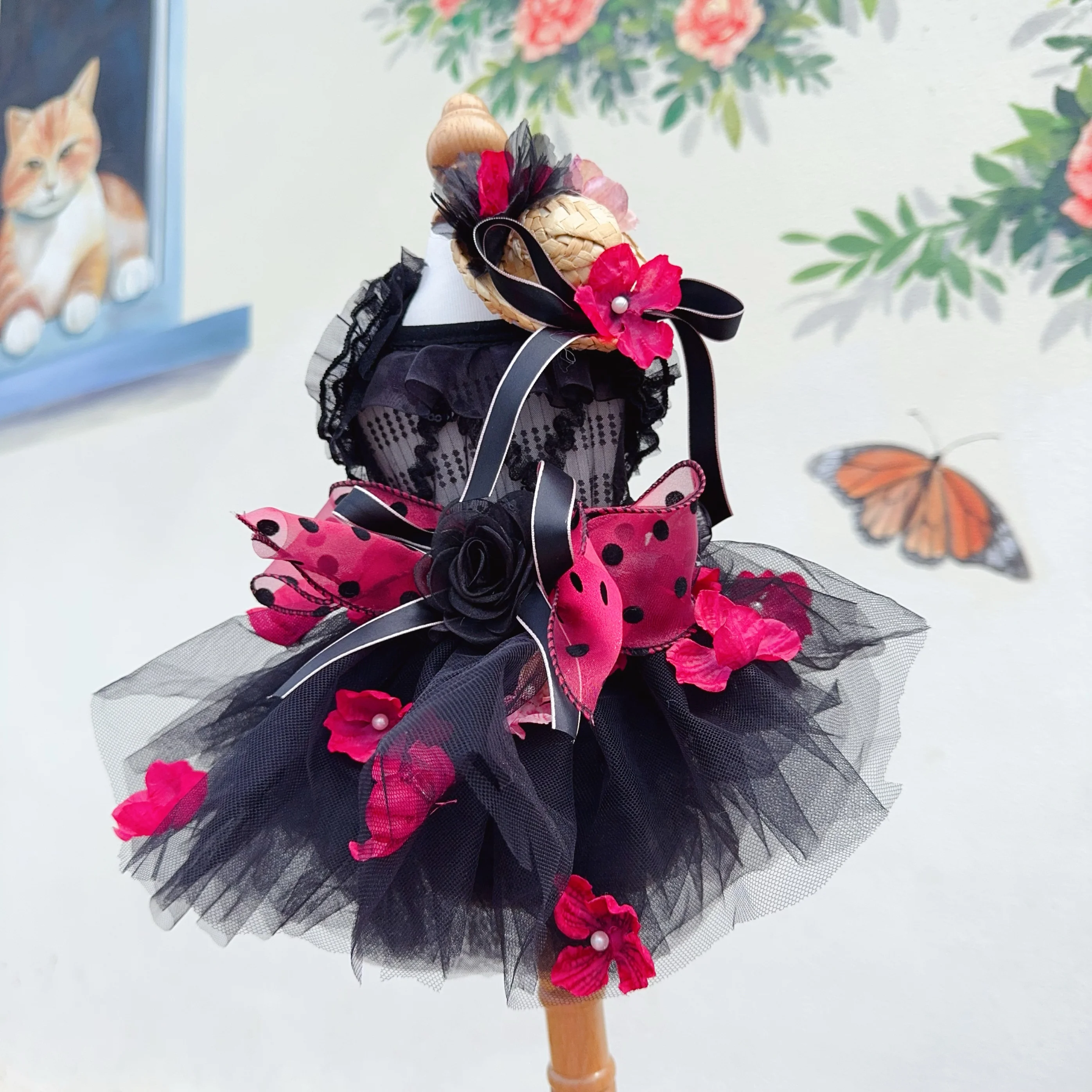 

Lovely Pet Dog Clothes Clothes Fashion Black Pink Lace Bow Sling Princess Dress For Small Medium Dog Chihuahua Puppy Home Wear