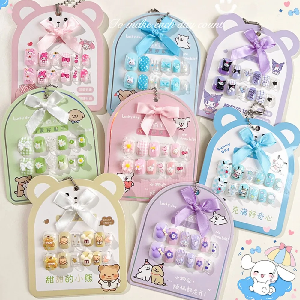 12Pcs Sanrio Press-on Nails Kuromi Cute Cartoon Accessories Acrylic Soft Gel Tips Kids Kawaii Full Cover Short False Nail Tips