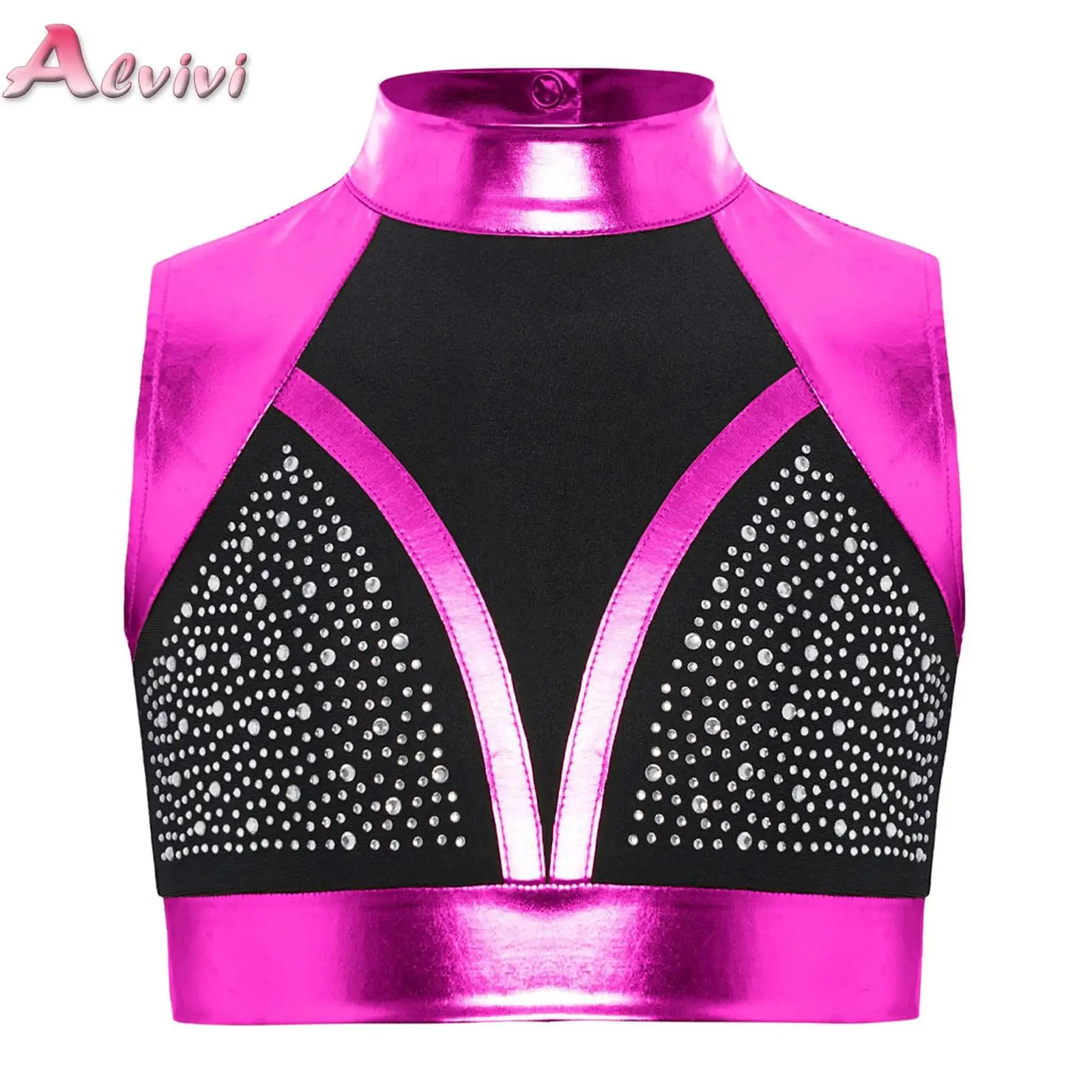 

Kids Girls Lyrical Modern Dance Figure Skating Performance Costume Sleeveless Shiny Rhinestones Crop Top Ballet Jazz Dancewear