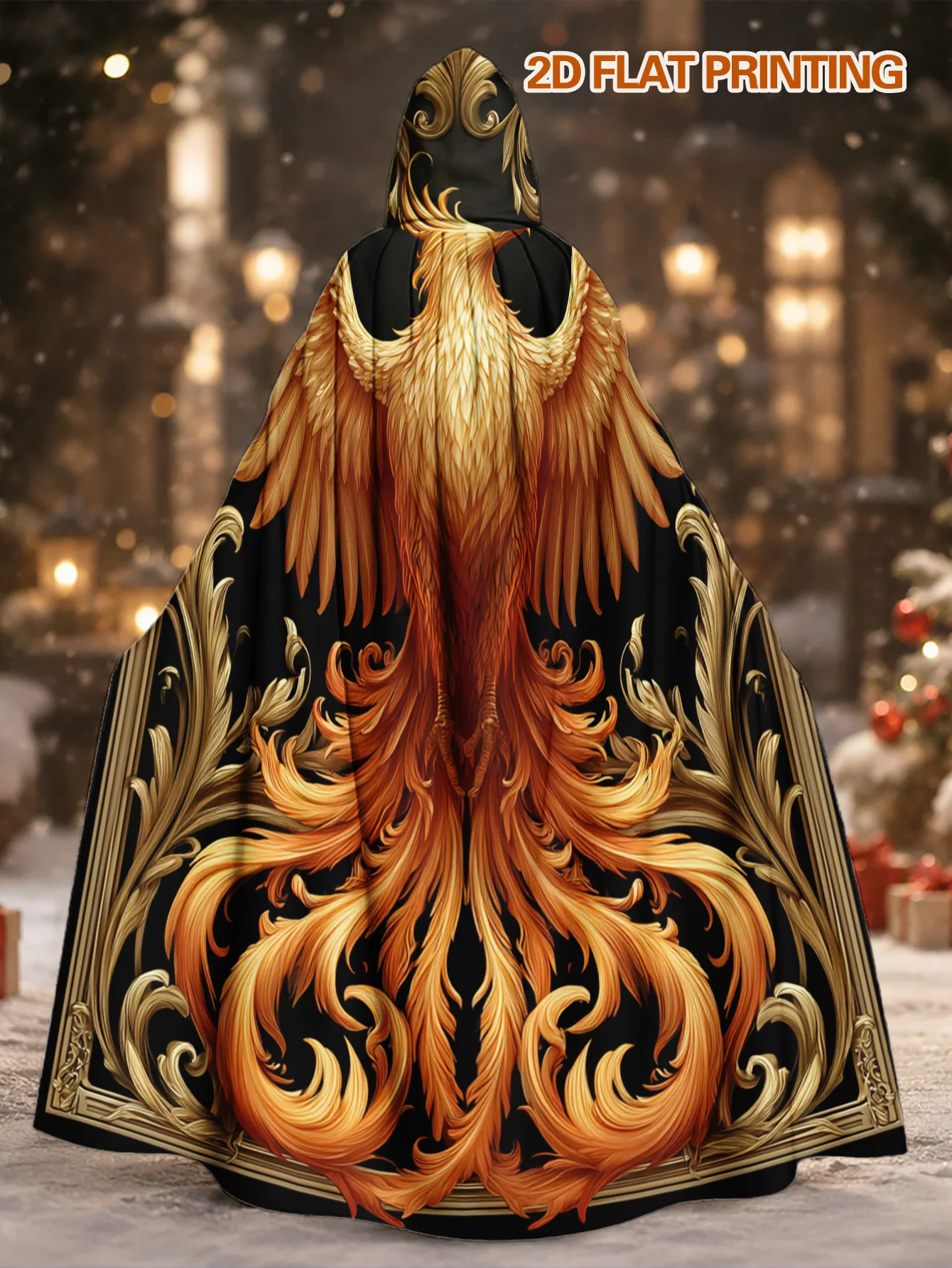 Customization 1pc, Full Length Polyester Hooded Cloak With Golden Phoenix With Ornate Background Print, Adult Costume Robe For H
