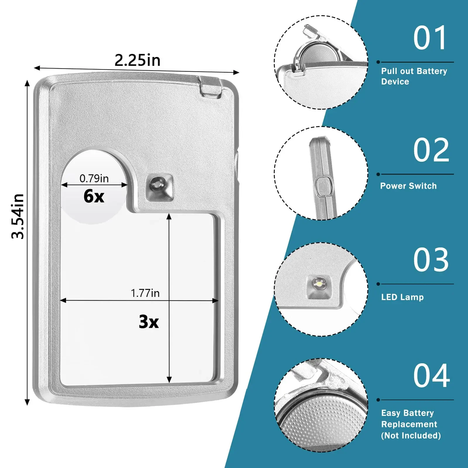3X 6X Jewelry Magnifying Glass Illuminated Magnifier with LED Light Leather Pocket Ultra-Thin Loupe Square Lens Credit Card Size