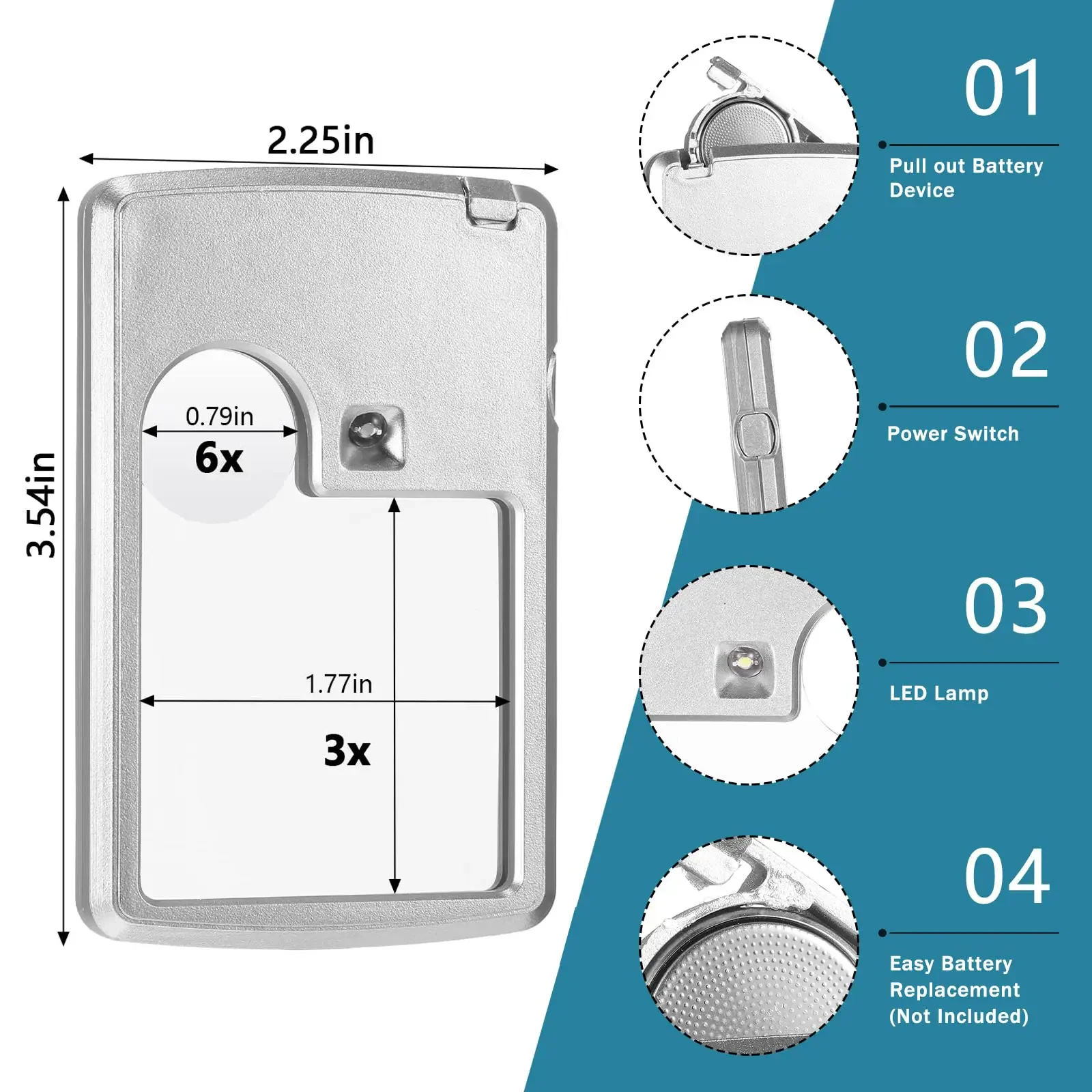 Imagem -03 - Jóias Lupa com Luz Led Lupa Iluminada Bolso de Couro Lupa Ultra-fina Lente Quadrada Tamanho do Cartão de Crédito 3x 6x