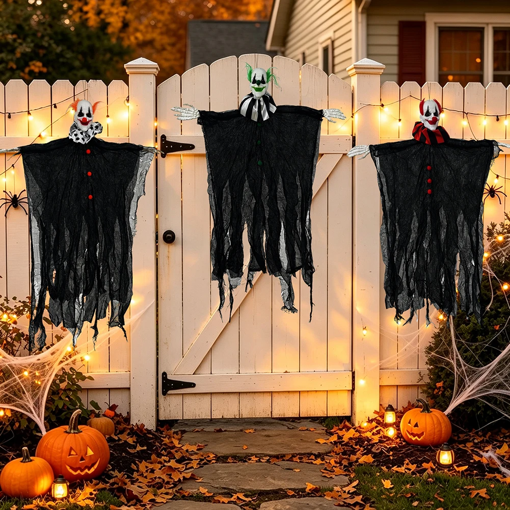 Halloween-Skelett-Clown-Dekoration, Atmosphären-Requisiten, Geist mit gruseligem schwebendem Geisterornament für Party, Zuhause, Innen- und Außenbereich, Gärten – Detail 3