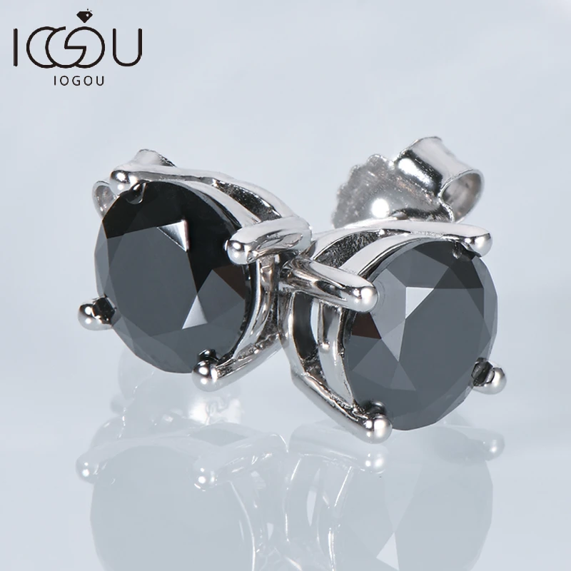 IOGOU 8mm 2CT Solitaire Black Moissanite Stud Earrings for Men Women 6.5mm 1CT 1.5CT 7.5MM Original 925 Silver Piercing Jewelry