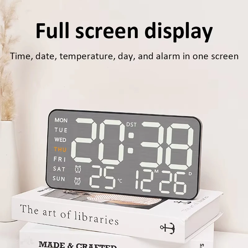 

Mirror Brushed Finish Wall Clock Silent Wall Clock Table Alarm Premium Time Calendar 12/24H Time/Day/Month/Year/Temp Display