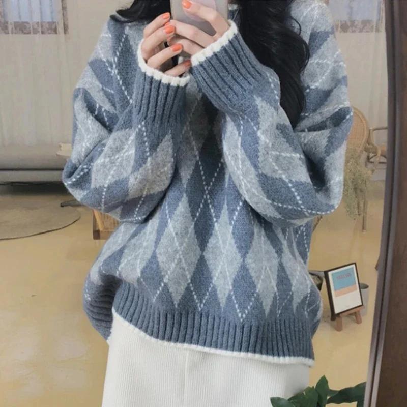 

Blue & Grey Argyle Sweater Women Crew Neck Long Sleeve Pullovers Jumper Shcoolgirl Fall Winter Preppy Style Outfit