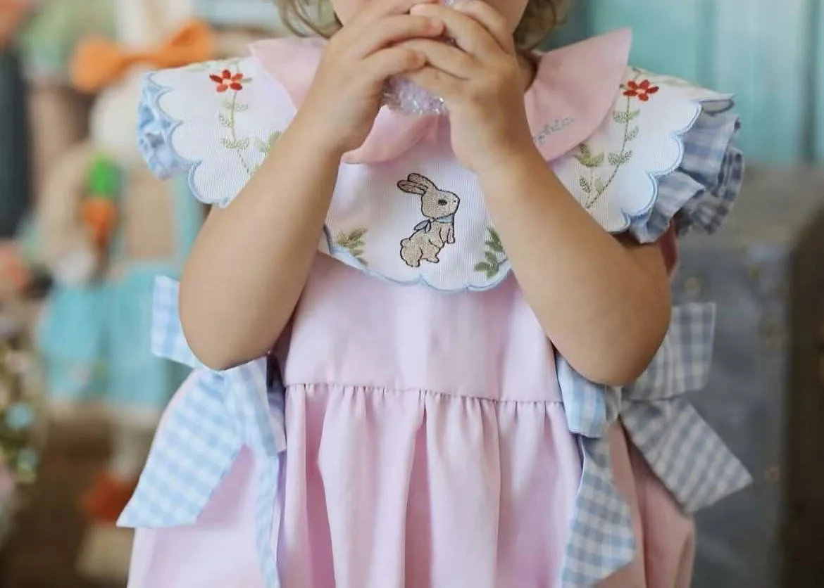 

Летние комбинезоны для девочек 0-6 лет, розовые, синие, в клетку, с вышивкой кролика, для фотосессии на день рождения B550