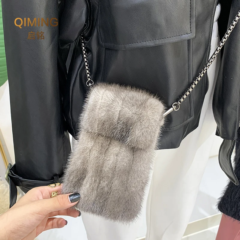 100% bolso de piel de visón auténtica, bolsos cruzados para mujer, Otoño Invierno, monederos y bolsos de felpa, bolso de hombro para teléfono para mujer, cartera para niñas