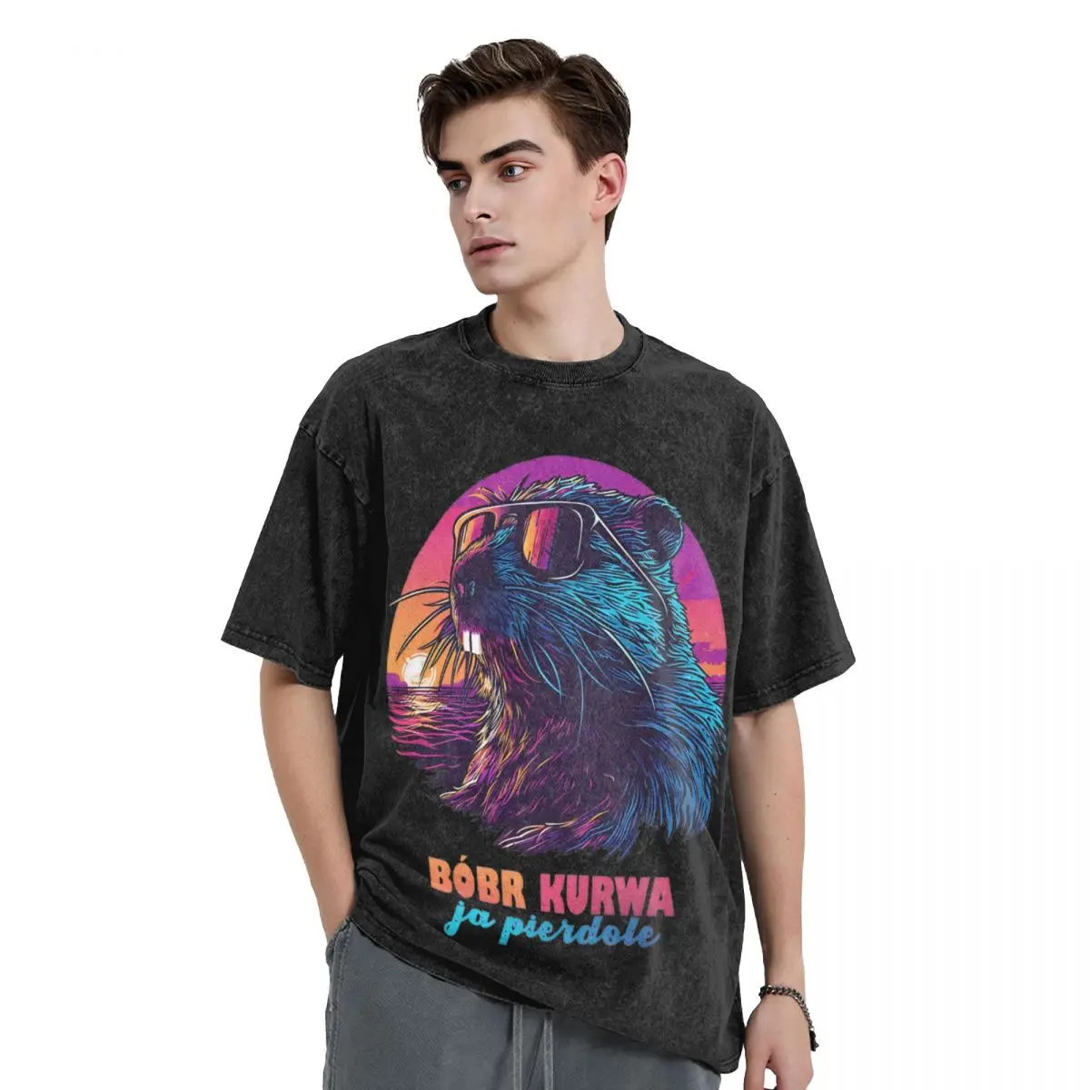 Synthwave Polish Beaver Meme Ja Pierdole Bobr Bobr Kurwa Washed T Shirt Streetwear T-Shirt Men Women Harajuku Printed Tee Shirt