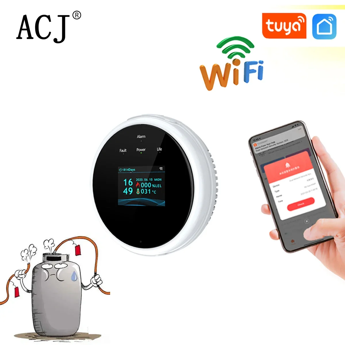 ACJ WiFi LPG GAS Leakage Natural Combustible Detector Smart LED Screen Gas Leak Sensor Alarm Home Security System for Kitchen