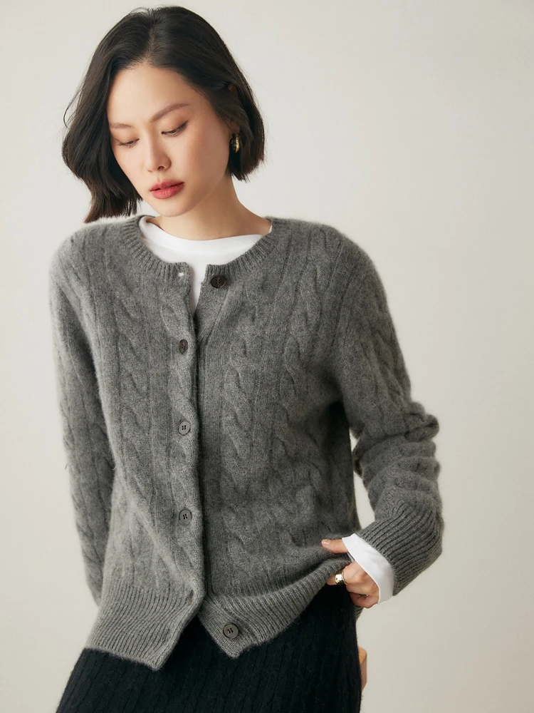 

Women 100% Cashmere Thick Sweater O-neck Cable Knit Cardigan Simple Style Autumn Winter Heavyweight Cashmere Knitwear Soft Tops