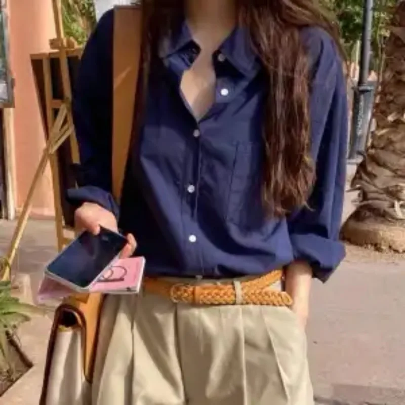 

Женская рубашка из льняной смеси темно-синего цвета с длинным рукавом, на пуговицах, повседневная, свободного кроя