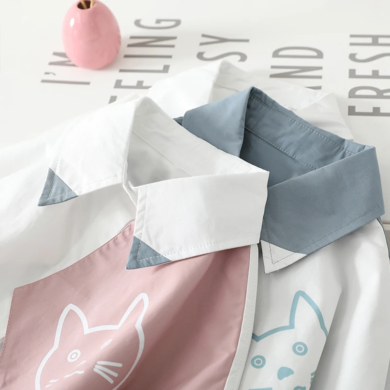 2025 Spring and Autumn Japanese Style Cute Cat Print Color Block Long Sleeve Shirt Men's White Blue Pink Casual Loose Shirt