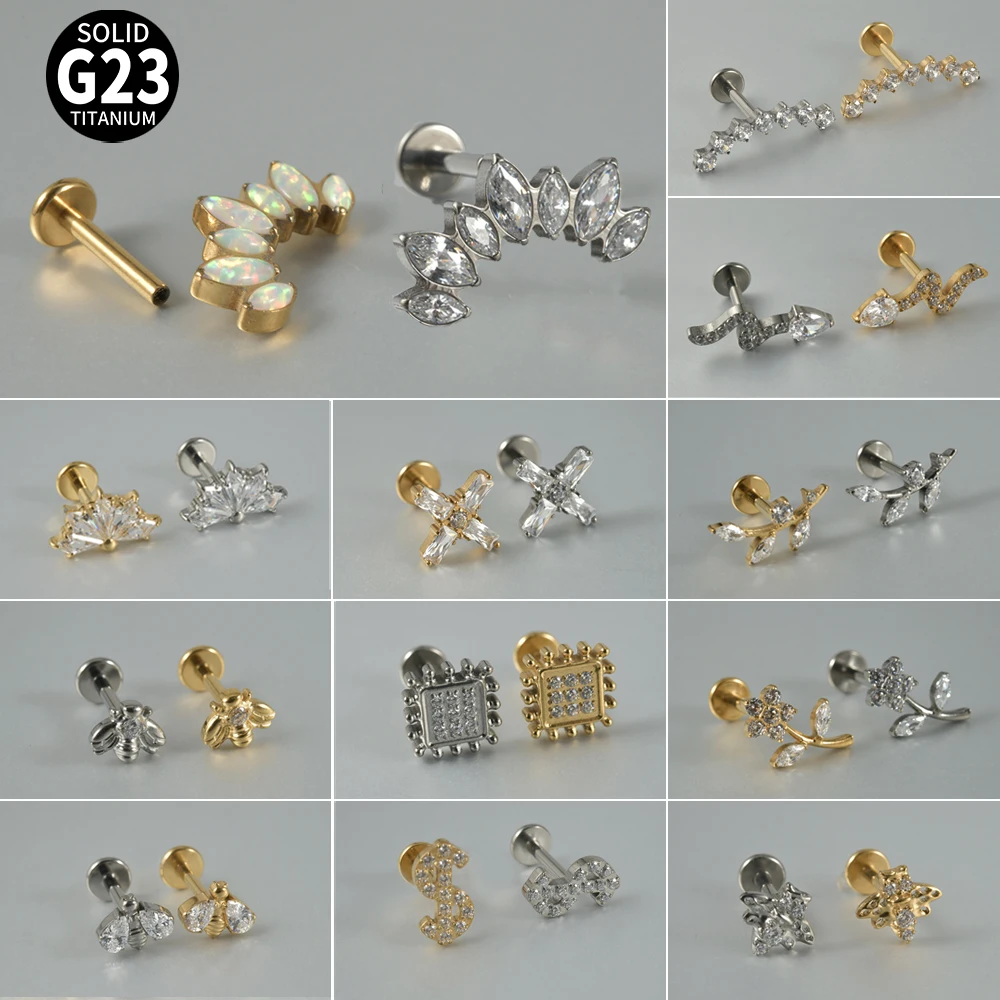 1PC G23 Pure Titanium Zircon Flat Back Earring Flower Bee Cross Ear Studs Lobe Helix Tragus Cartilage Piercing Jewelry 1.2x8mm