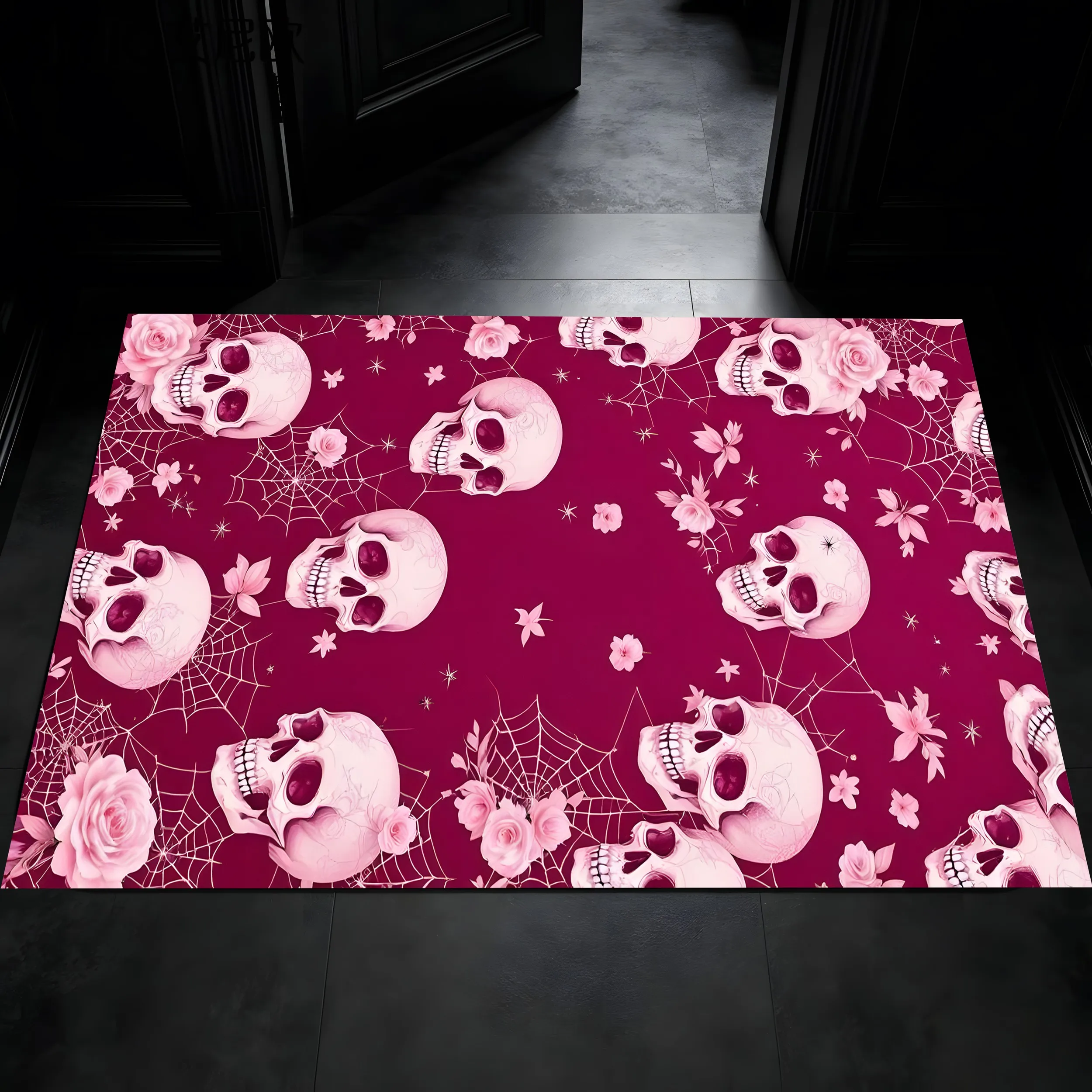 Wine Red Pink Skull Rose Spider Web Print Halloween Velvet Rug for Entryway Bedroom Bedside Living Room Decor