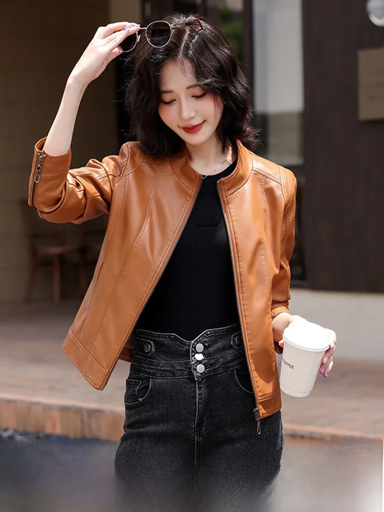   Ning 本革ジャケット レディース ショートスリーブ 2025 新作 春秋 ファッショナブルな大きいサイズ スタンドカラー シープスキンコート