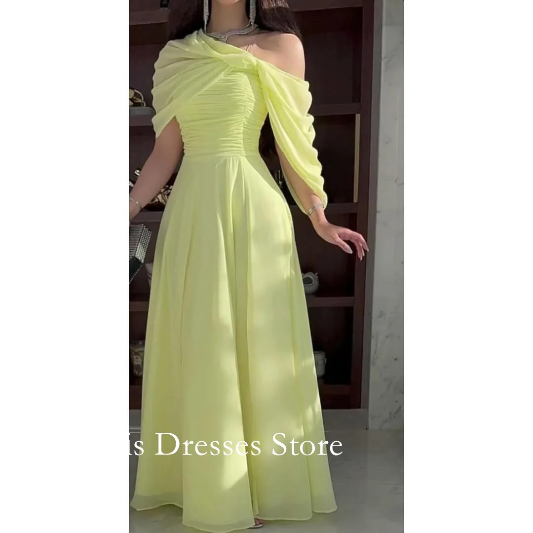 

2025 Customized Off Shoulder Chiffon Yellow Ruched A-Line Prom Dresses Evening Dress Women Evening Gowns Formal Party Dress
