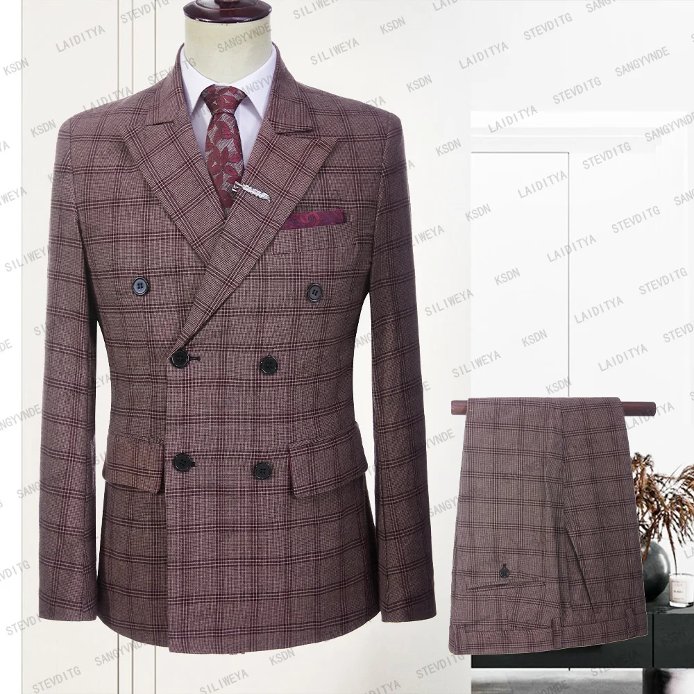 

2023 Fashion Men Linen Casual Business Double Breasted Wine Red White Plaid Summer Wedding Formal Suits 2 Pcs Set Jacket Pants