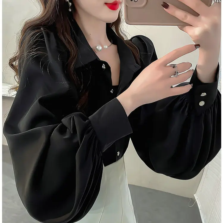 เสื้อลายดอกไม้สีทึบ Elegant Lantern Sleeve ผู้หญิง Top Plus ขนาดเสื้อแขนยาว