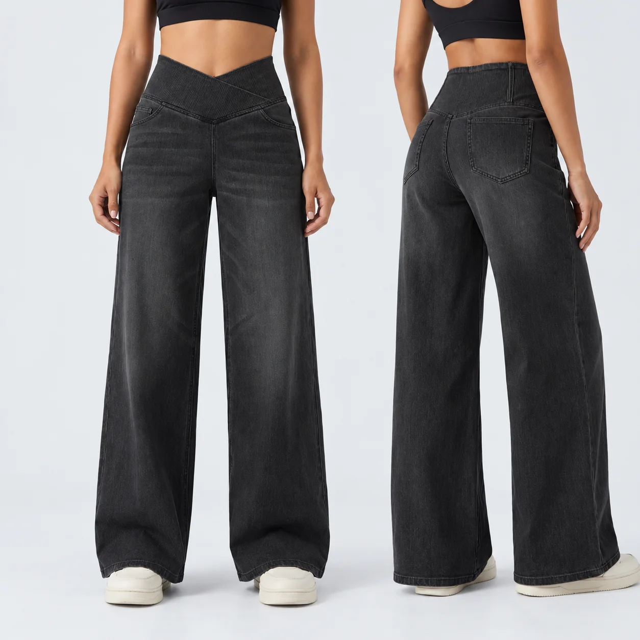 Women's Jeans 2026 Cross V High Waist Wide Leg Pants Washed Stretch Denim Trousers Casual Loose Full Length Jeans for Woman
