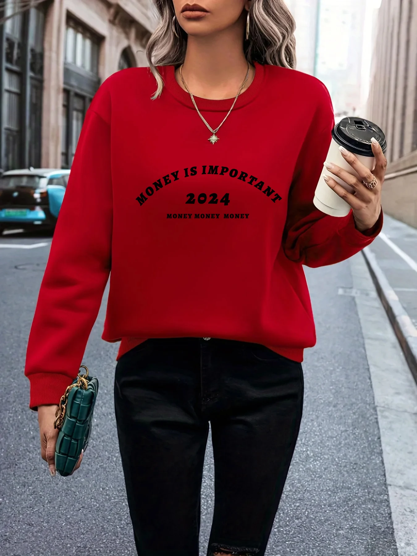 Circular simple digital text print hoodless comfortable red sweatshirt, casual trendy top womenswear