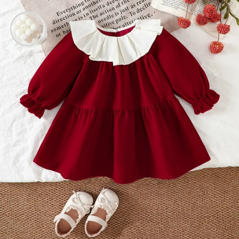 Spring and Autumn New Girl Baby Lace Lotus Leaf Collar Red Dress Long Sleeve Children's Princess Dress Trendy Children's Gifts